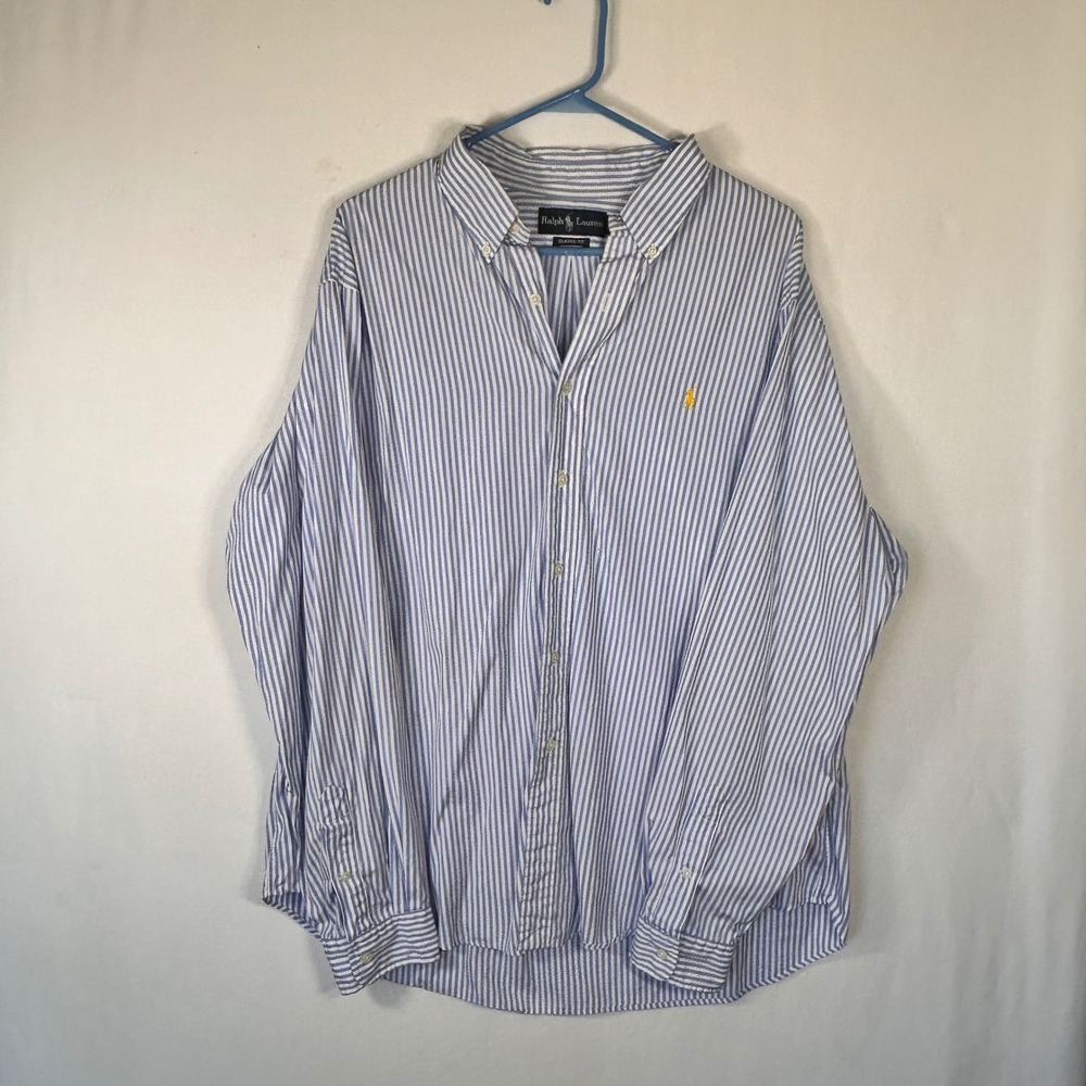 Ralph Lauren Mens XXL Classic Fit Blue White Striped Cotton Button Down Shirt